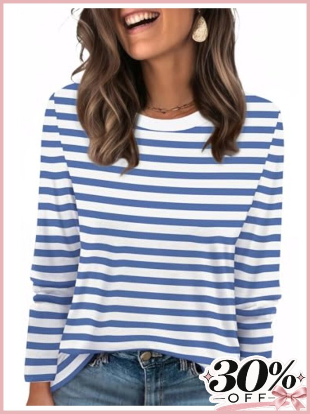 Ribbed Crewneck Striped Long Sleeve Tee Casual Pullover Blouse